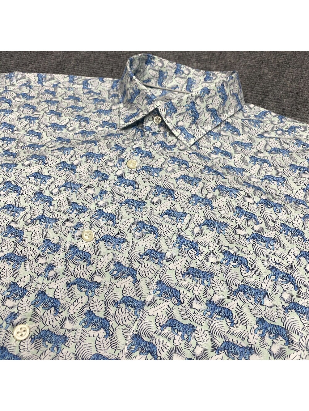Peter Millar Jungle Blue Tiger Shirt Men XL Geometric AOP Short Sleeve Button Up